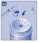 Medical diagram showing a syringe with a flexible tubing being inserted into a medication vial via a blue arrow
