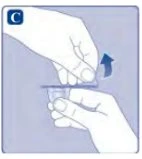 Two hands lifting and separating a thin horizontal sheet from a container, with a blue arrow pointing upward
