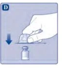 A hand pressing a plastic cap downward onto a small glass vial to seal it, with a blue arrow pointing downward