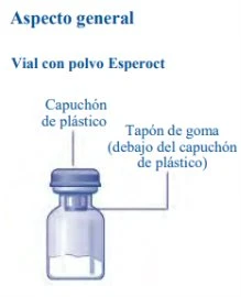 Diagram of a vial of Esperoct powder showing the plastic cap and underlying rubber stopper