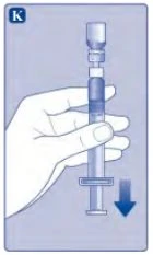 A hand holding a syringe vertically with a blue arrow pointing downward indicating the plunger depression movement