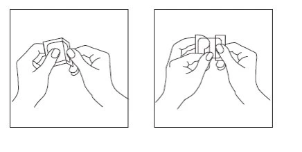 Due disegni lineari mostrano due mani che tengono e manipolano un piccolo contenitore rettangolare per l