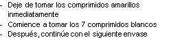 Spanish text on white background with bullet points indicating to stop the yellow tablets immediately and start the 7 white tablets