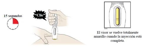 Hand holding an autoinjector on a thigh with a timer set at 15 seconds and a close-up of the yellow viewing window indicating the
