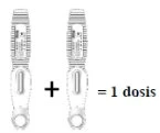 Two similar medical devices placed side by side with a plus sign and an equals sign with the text 1 dose, indicating the combination for one dose