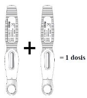 Two white elongated medical devices separated by a plus sign and followed by an equals sign with the text 1 dose
