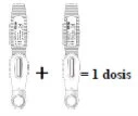 Technical drawing of two similar medical devices side by side with a plus sign and an equals sign with the text 1 dose