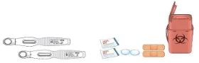 Two flat medical devices, two white pouches, two small blue discs, two rectangular adhesive bandages, and a red biohazard waste container