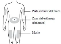Human body diagram indicating injection sites: outer part of the arm, the
