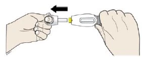 Two hands hold a white and gray medical device and move it to the left following the direction of a black horizontal arrow