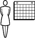 Disegno stilizzato in bianco e nero di una figura femminile accanto a un calendario a griglia con due cerchi in alto