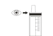 Schematic drawing of an eye looking towards a graduated syringe with a black arrow indicating the medical device
