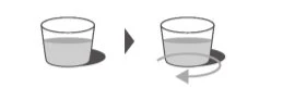 Diagram showing two glasses with liquid and an arrow indicating transfer from the first to the second, with a curved arrow suggesting mixing