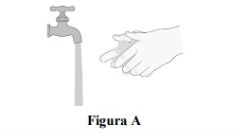 Stylized black and white drawing of an open tap with water flowing next to a hand being washed under the stream