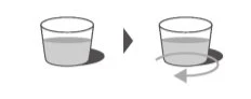 Diagram showing two glasses with liquid and an arrow indicating circular rotation of the second glass