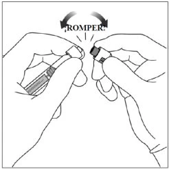 Two hands holding a medical container and breaking it in half along a curved arrow marked BREAK