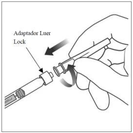 A hand rotating a Luer Lock adapter to connect it to the top of a medical syringe, indicated by a circular arrow