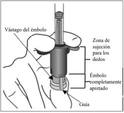 Technical drawing of a hand holding a medical device with indications for plunger, finger grip area, and lower guide