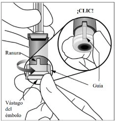 Diagram showing hands rotating the base of a medical device with indications for slot, guide and plunger rod, and a detail of the click