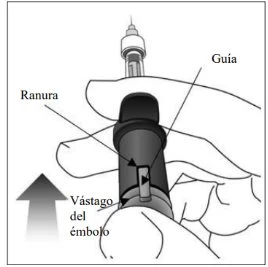 Technical illustration of a hand holding a syringe with indications for slot, guide and plunger rod