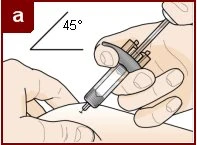 Two hands holding a syringe at a 45-degree angle for