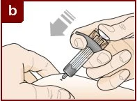 Two hands holding a gray and white injection pen to apply it to the body's skin, with a gray arrow indicating the movement