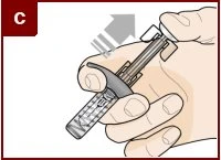Two hands holding a medical injection pen with a gray arrow indicating the withdrawal motion