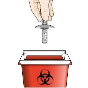 A hand holding a sharps container above a red biological waste container with a biohazard symbol