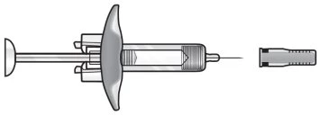 Technical drawing of a syringe with plunger, cylindrical body, side shield, and needle, with the cap separated on the right