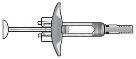 Black and white technical drawing of a medical injection device with cylindrical body, plunger, and a large central curved wing