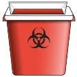 Red biological waste container with a black biohazard symbol at the center and a white lid on top