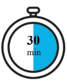 Stylized icon of a stopwatch with the right side highlighted in light blue and black text '30 min' at the center of the white dial