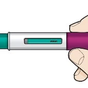 A hand holding horizontally an injection pen with a white body, a green viewing window, and a transparent section