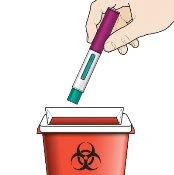 A hand holding a magenta and white injection pen above a red biological waste container with a biohazard symbol