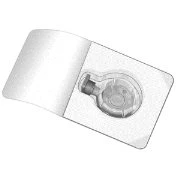Transparent medical device with a small central connector embedded in a flat, flexible white rectangular base