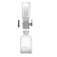 Diagram showing a glass vial with a black arrow pointing downward, indicating the movement of an upper component toward the vial