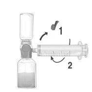 Illustrative schematic showing the rotational movement of a syringe connected to a medication vial, with numbered arrows 1 and 2