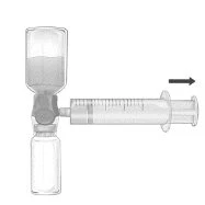 Diagram showing a syringe connected via a connector to a glass vial containing a liquid, with a black arrow pointing to the right