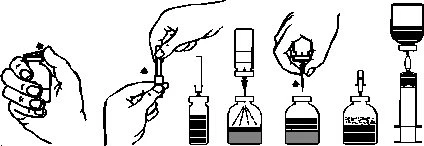 Sequence of drawings illustrating the steps to withdraw medication from a vial into a syringe using