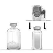 Technical drawing showing a mixing device placed on top of a glass vial to agitate its contents