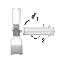 Medical diagram showing the connection between a syringe and a vial with curved arrows indicating rotational movement for assembly