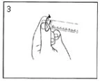 Schematic drawing showing a hand rotating a medical device to the right, indicated by a curved arrow above a cylindrical object