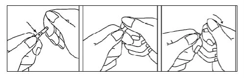 Tre disegni sequenziali mostrano le mani che impugnano e manipolano un dispositivo medico per prepararlo all'uso tramite movimenti di pressione e rotazione