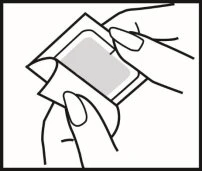 Two hands with long nails holding and opening a square medical product package with a light gray central insert