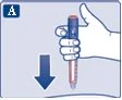 Рука держит инъекционную ручку вертикально над кожей, синяя стрелка вниз указывает направление нажатия