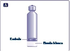 Transparent glass vial with a purple cap and text indications indicating the