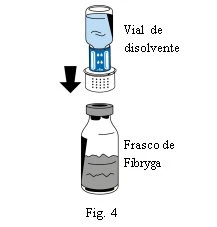 Diagramma che mostra un flaconcino di solvente con una freccia nera che punta verso un flaconcino di Fibryga per indicare la miscelazione