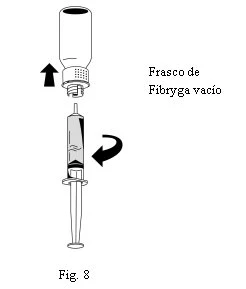 Diagramma che mostra un flaconcino vuoto di Fibryga sopra una siringa con una freccia che indica il movimento di aspirazione del liquido