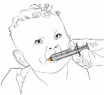 Линейный рисунок новорождённого, которому с помощью шприца без иглы вводят дозу жидкого лекарства в рот