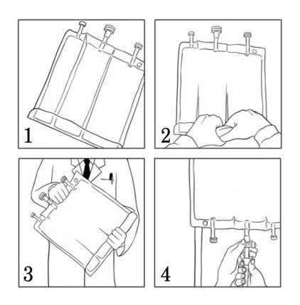 Diagramma in quattro passaggi che illustra come manipolare e preparare una sacca per infusione attraverso movimenti coordinati delle mani
